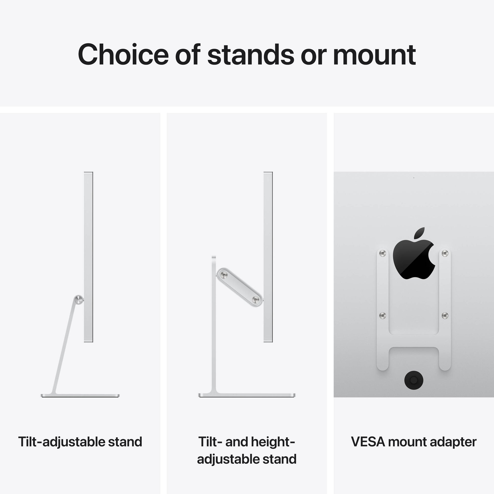 Apple Studio Display on a silver stand with a slim, all-screen design.