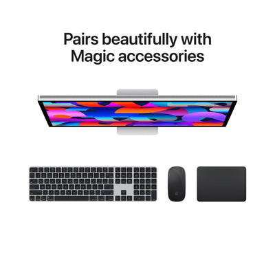 Apple Studio Display on a silver stand with a slim, all-screen design.