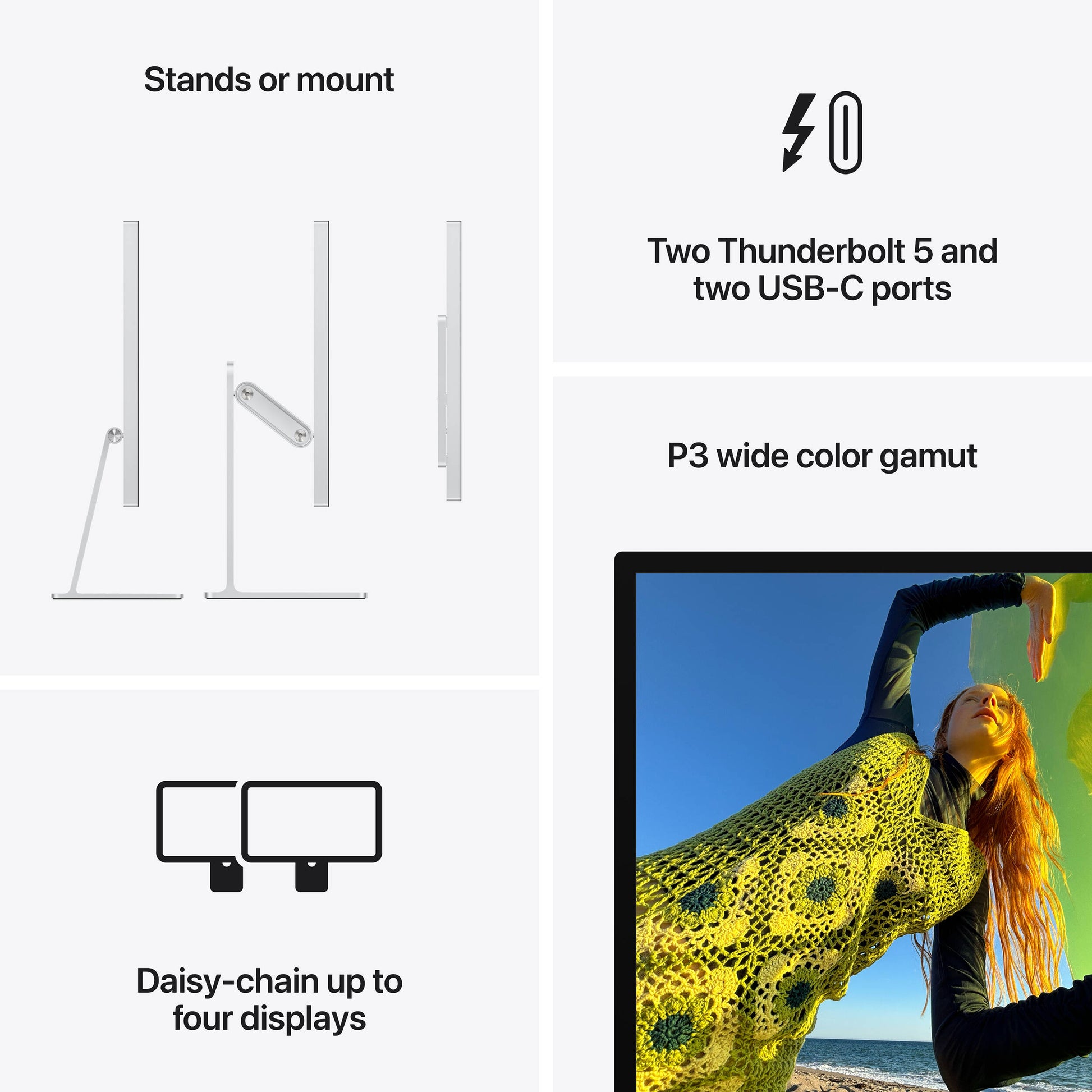 Apple Studio Display on a silver stand with a slim, all-screen design.