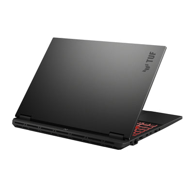ASUS TUF Gaming F16 laptop in Jaeger Grey - semi closed back view