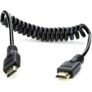 The 30cm Atomos Full HDMI to HDMI Coiled Cable is coiled to prevent clutter and extends up to 45 cm.