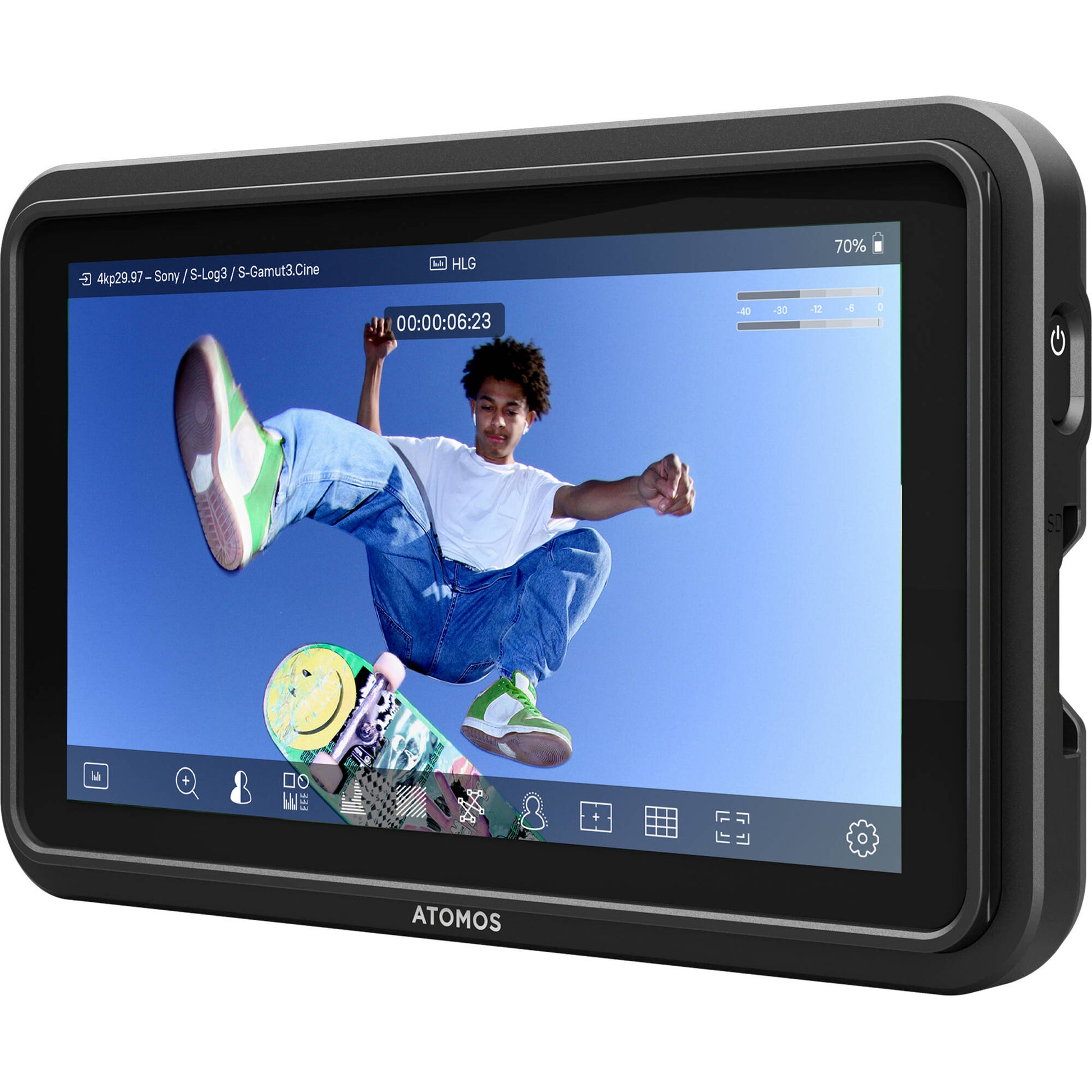Display device with a screen showing a person on a skateboard, branded 'Atomos', on a light gray background
