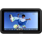Display device with a screen showing a person on a skateboard, branded 'Atomos', on a light gray background
