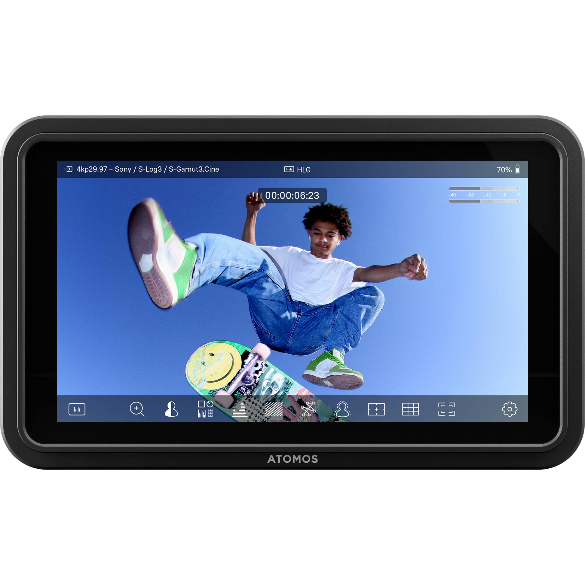 Display device with a screen showing a person on a skateboard, branded 'Atomos', on a light gray background
