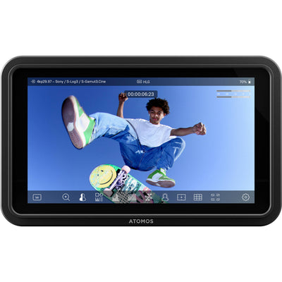Display device with a screen showing a person on a skateboard, branded 'Atomos', on a light gray background
