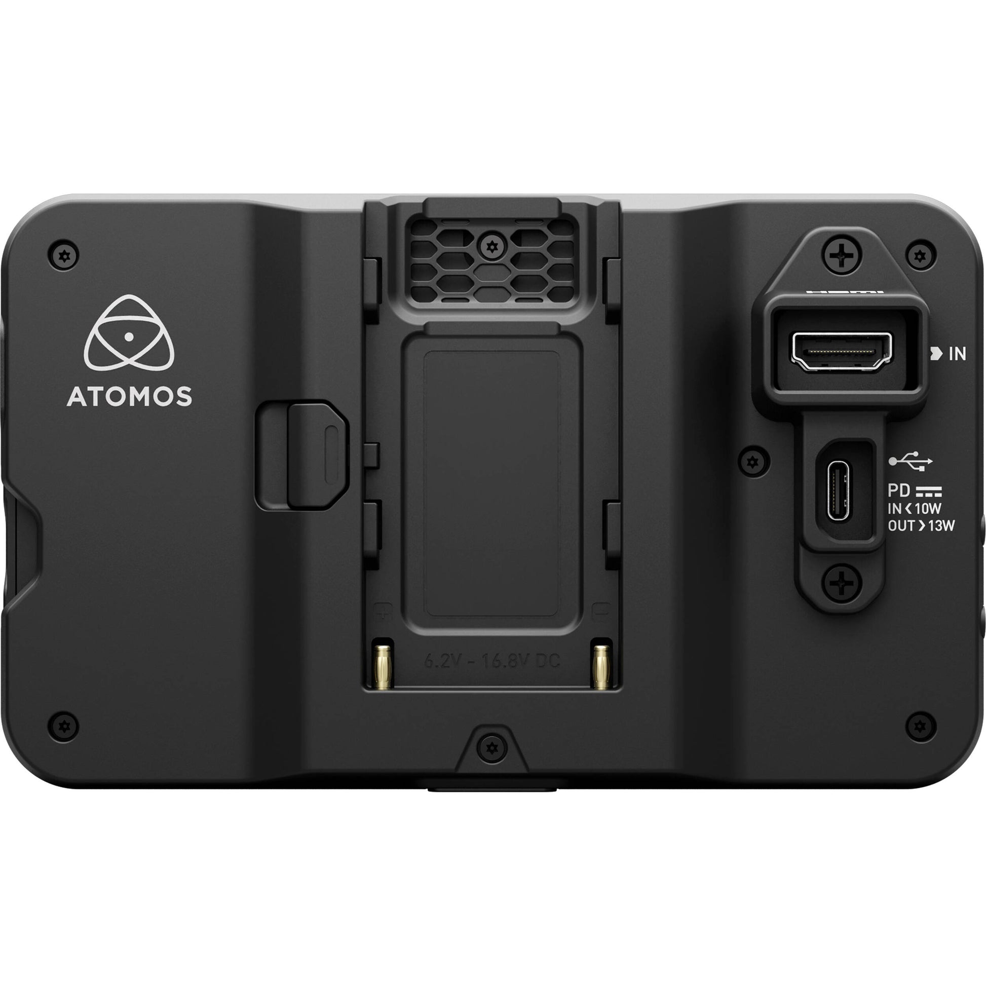 Display device with a screen showing a person on a skateboard, branded 'Atomos', on a light gray background
