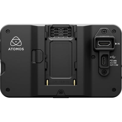 Display device with a screen showing a person on a skateboard, branded 'Atomos', on a light gray background
