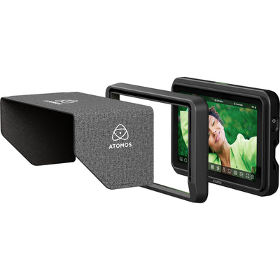 Atomos Sunhood 5″ attached to a Shinobi II monitor, shielding the screen from glare
