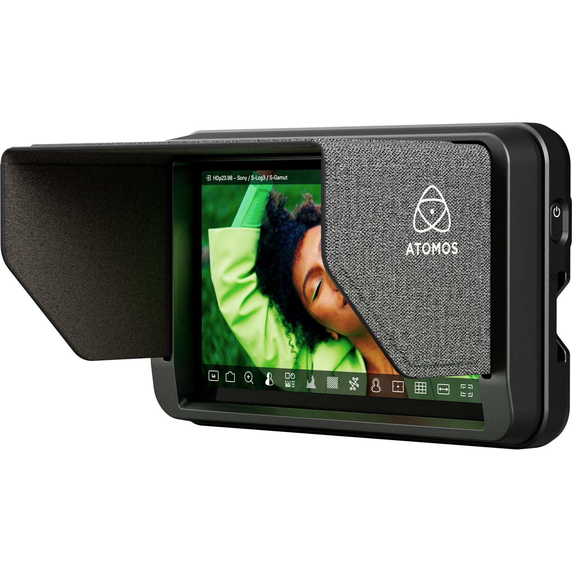 Atomos Sunhood 5″ attached to a Shinobi II monitor, shielding the screen from glare
