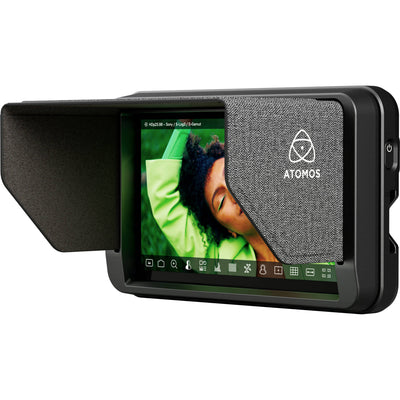 Atomos Sunhood 5″ attached to a Shinobi II monitor, shielding the screen from glare
