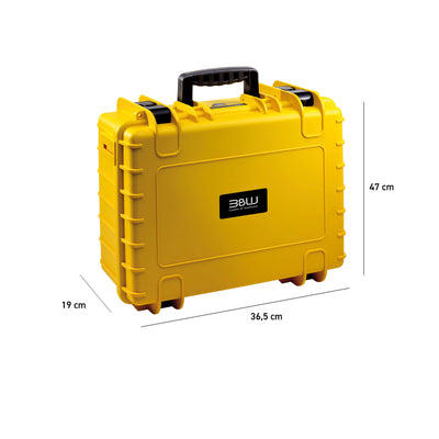 B&W Type 5000 yellow protective camera case, waterproof and shock-resistant.
