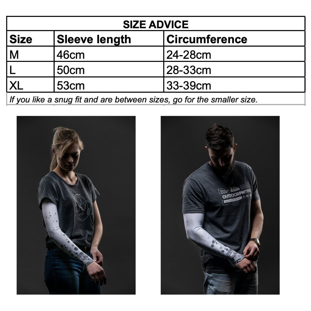 A cool white arm sleeve that will cover and protect your arm from harmful sun rays and provide an extra warming layer of protection in colder weather.