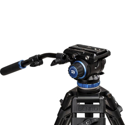 Black video camera tripod with blue accents on a white background