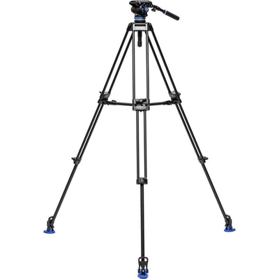 Black video tripod with blue accents on a white background