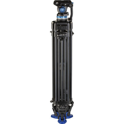 Black camera tripod with blue accents on a white background