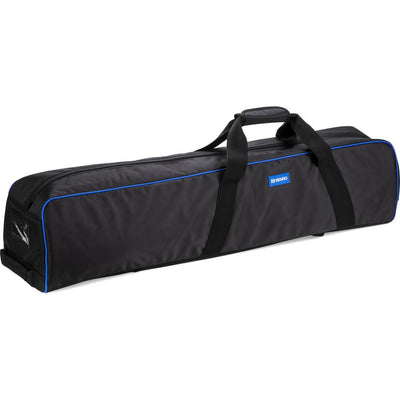 Black carrying case with blue accents on a white background