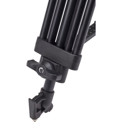 Black metal stand with adjustable arm on a white background