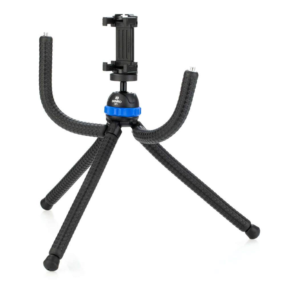 Benro KoalaPod flexible tripod with five bendable legs and phone holder, designed for smartphones.