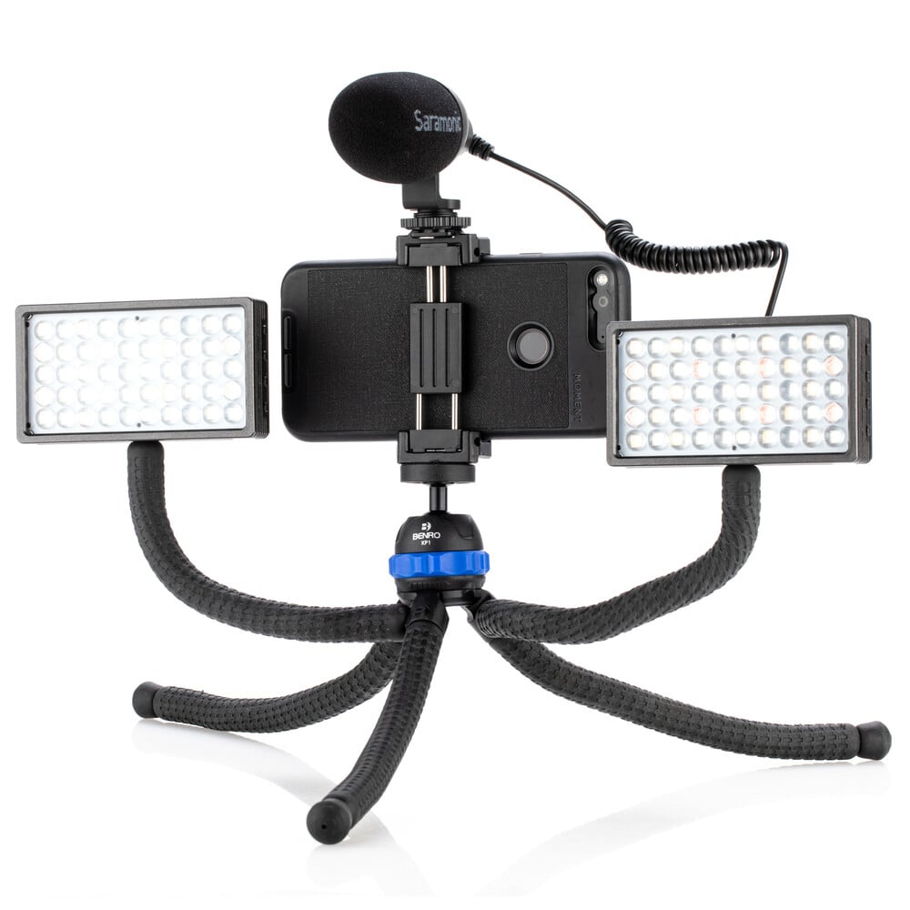Benro KoalaPod flexible tripod with five bendable legs and phone holder, designed for smartphones.