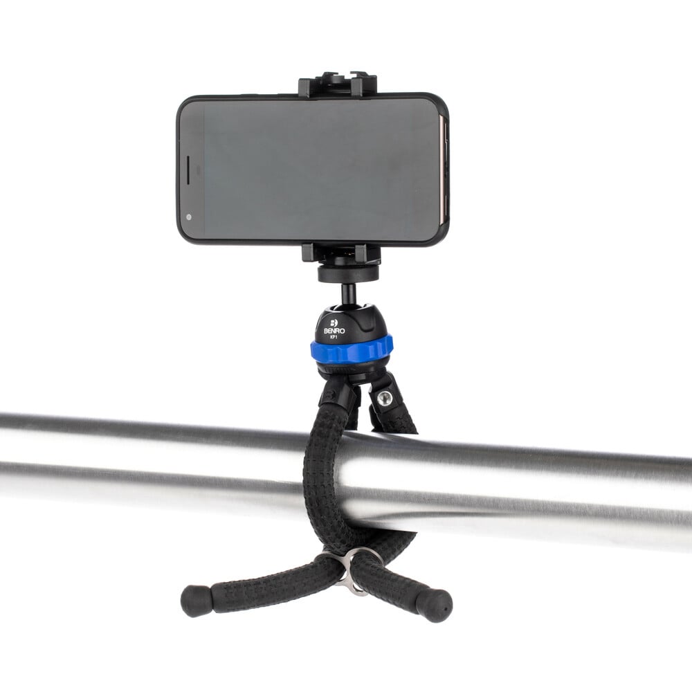 Benro KoalaPod flexible tripod with five bendable legs and phone holder, designed for smartphones.