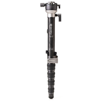 Benro SupaDupa carbon‑fiber monopod with twist‑lock sections and built‑in pan‑tilt head, rubber or spiked rotating foot