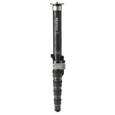 Benro SupaDupa carbon-fiber monopod with integrated pan‑tilt head, twist‑lock sections and spiked/rubber rotating foot.