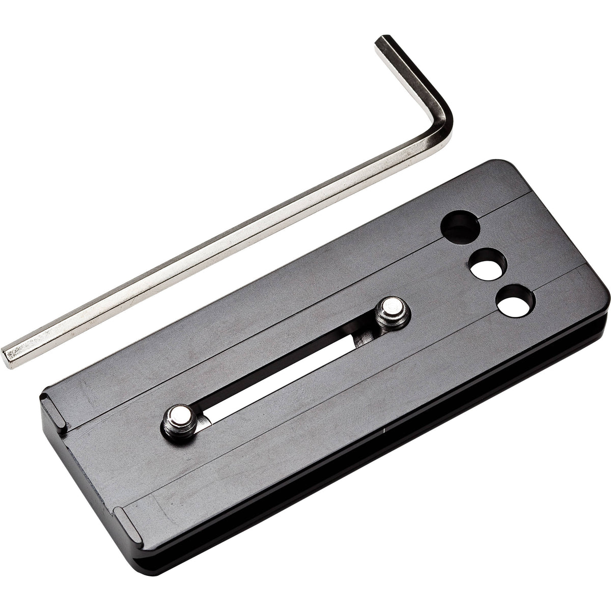 Benro PL‑100 Arca‑Swiss quick‑release plate (100 × 38 × 12 mm) in black anodised aluminum with ¼″–20 screw and anti‑twist pad.