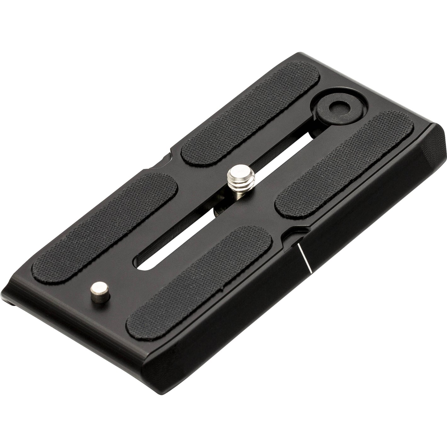 Black camera plate with one silver screw for a video head on a white background