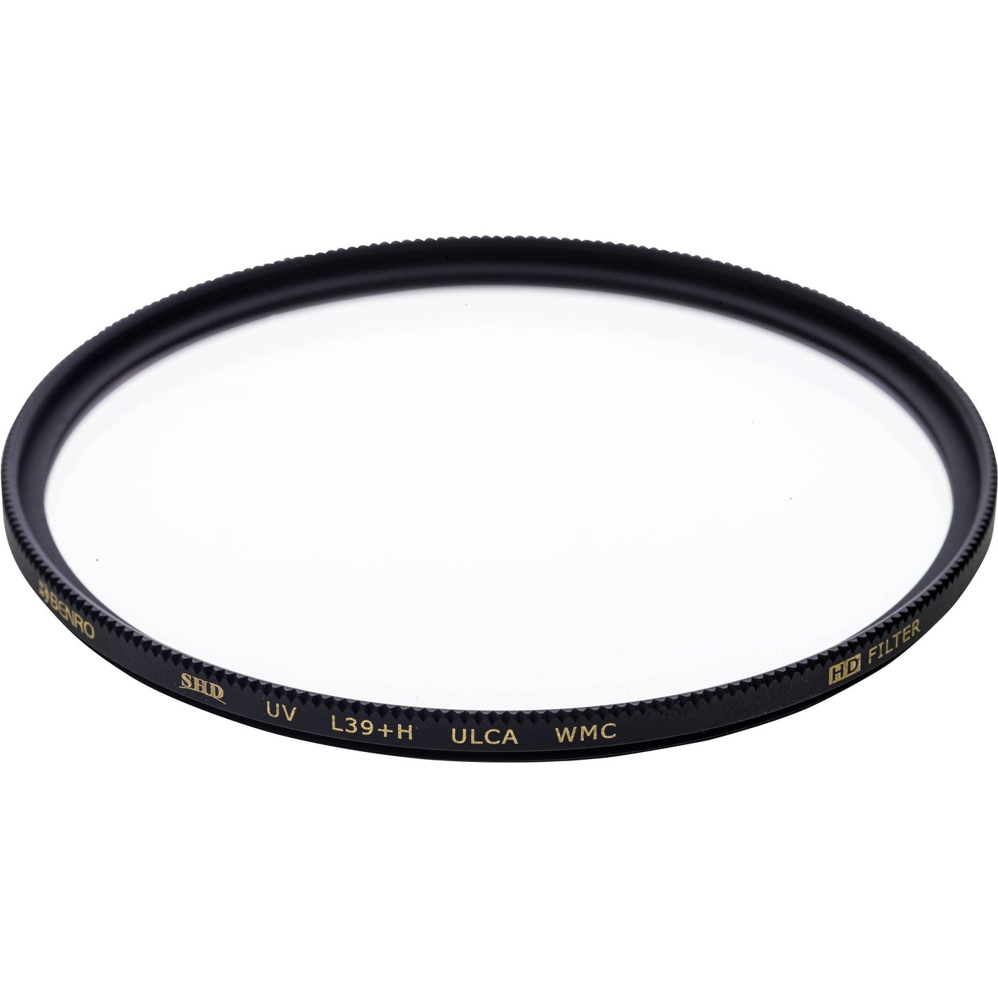 Camera lens filter with branding on a white background