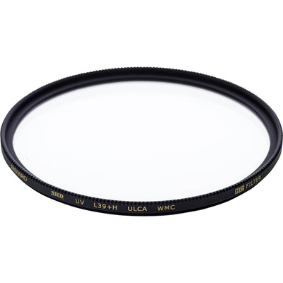 Camera lens filter with branding on a white background