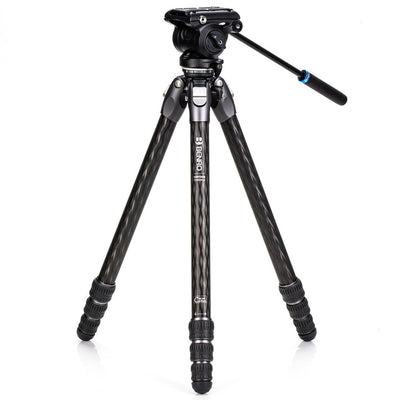 Benro Tortoise Carbon Fibre Tripod with S4PRO video head, compact and sturdy design featuring 2-step counterbalance, fixed pan/tilt drag, and 360° pan range.