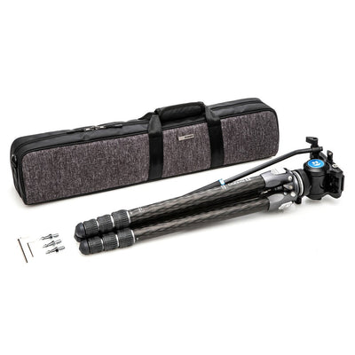 Benro Tortoise Carbon Fibre Tripod with S4PRO video head, compact and sturdy design featuring 2-step counterbalance, fixed pan/tilt drag, and 360° pan range.