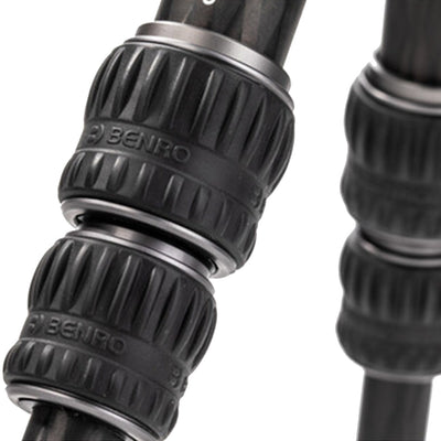 Benro Tortoise Columnless Carbon Fibre Tripod folded compactly, showcasing lightweight, stable travel design with carbon fiber legs and twist locks.