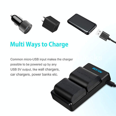 eston Dual Charger with LP-E6 Batteries – charges two Canon LP-E6 batteries simultaneously, providing reliable power for extended shooting sessions.