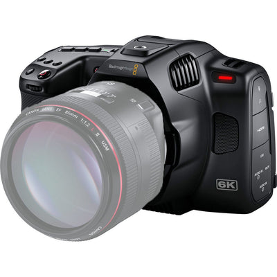 Blackmagic Design Pocket Cinema Camera 6K G2 (Body Only) with a 6144 x 3456 Super 35 HDR sensor, Canon EF mount, Gen 5 colour science, 5-inch tilting touchscreen, dual mini-XLR audio inputs, support for Blackmagic RAW and ProRes recording, and NP-F570 L-series battery.