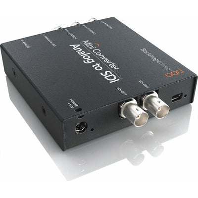 Black Mini Converter Analog to SDI device with connectors on a white background