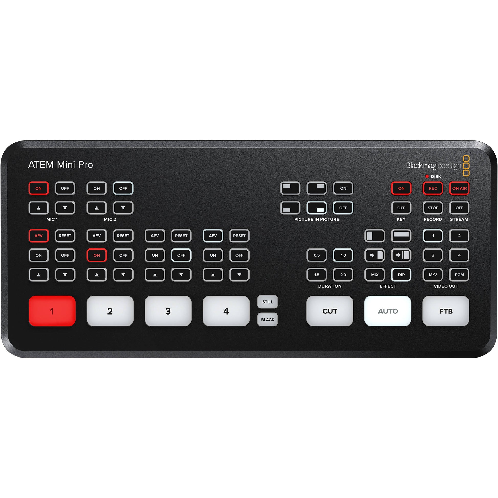The Blackmagic Design ATEM Mini Pro is a 4-input live production switcher with an integrated control panel for multicamera live streaming or broadcasts.
