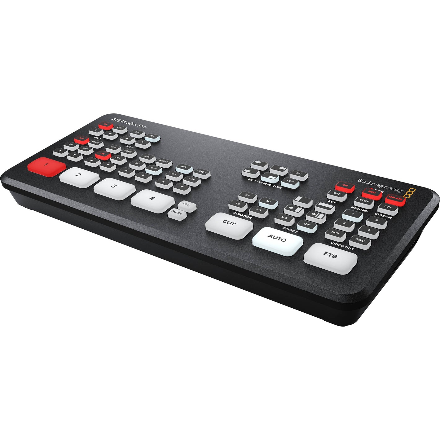 The Blackmagic Design ATEM Mini Pro is a 4-input live production switcher with an integrated control panel for multicamera live streaming or broadcasts.
