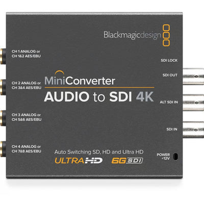 Advanced Audio to SDI 4kKMini Converter with 6G-SDI technology embeds analogue audio or AES/EBU digital audio into any SDI video signal.