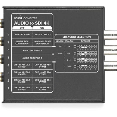 Advanced Audio to SDI 4kKMini Converter with 6G-SDI technology embeds analogue audio or AES/EBU digital audio into any SDI video signal.
