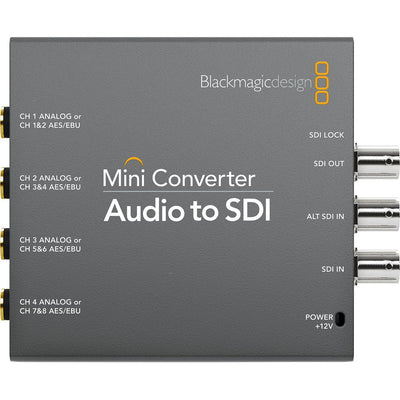 The Blackmagic Design Audio to SDI Converter connects up to four channels of balanced analogue or eight channels of AES/EBU audio via four 1/4-inch jacks.