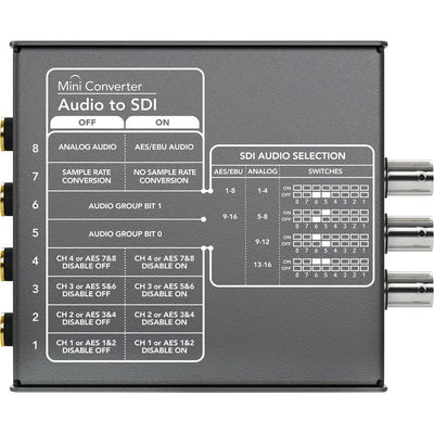 The Blackmagic Design Audio to SDI Converter connects up to four channels of balanced analogue or eight channels of AES/EBU audio via four 1/4-inch jacks.
