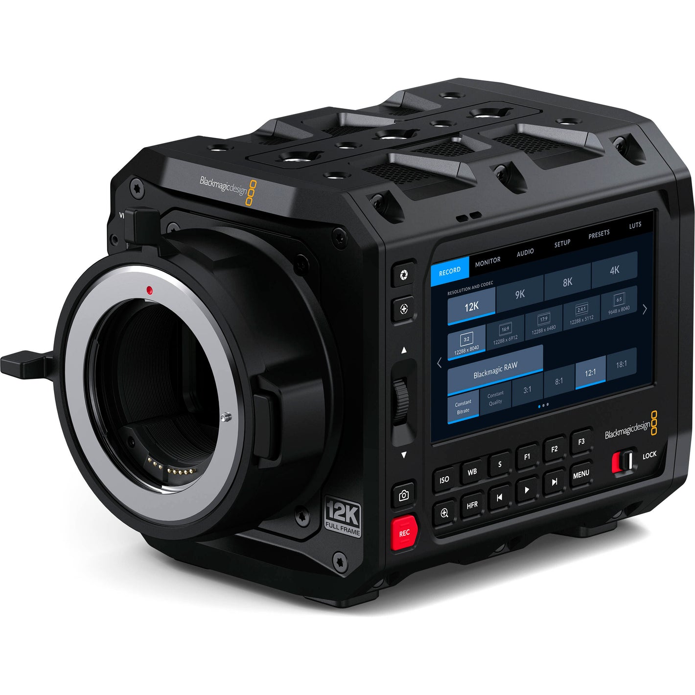 Blackmagic Design Pyxis 12K EF with full-frame 12,288 x 8040 RGBW sensor, Canon EF mount, 16 stops dynamic range, dual CFexpress slots, and versatile mounting options for professional digital film production.