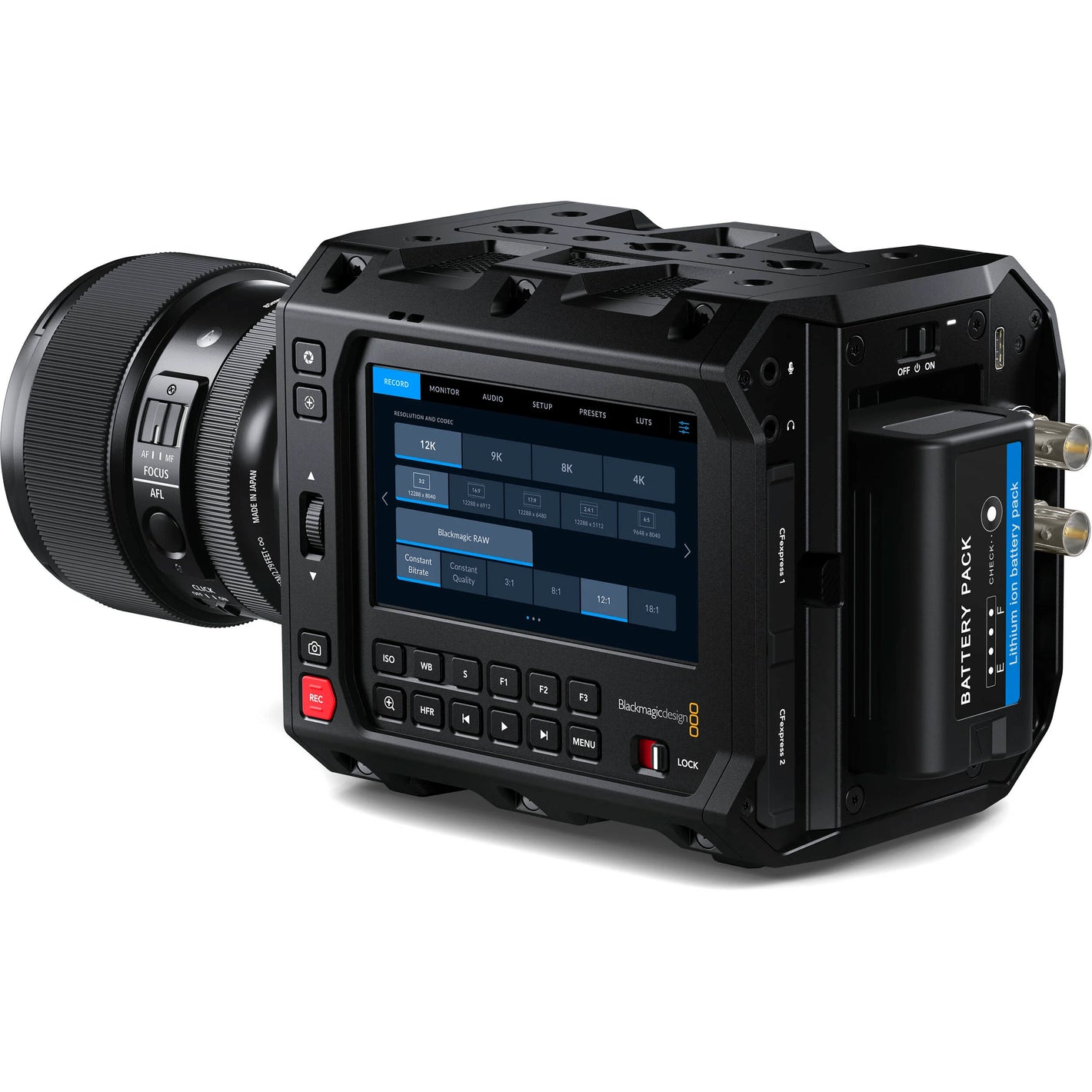 Blackmagic Design Pyxis 12K PL with full-frame 12,288 x 8040 RGBW sensor, ARRI PL mount, 16 stops dynamic range, dual CFexpress slots, 4" 1500 nit LCD touchscreen, and professional audio inputs.