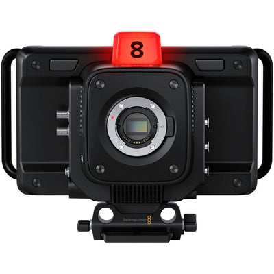 Blackmagic Design Studio Camera 4K Pro G2 (Body Only) with Micro Four Thirds lens mount, 4K UHD 3840x2160p60 sensor, 13 stops dynamic range, dual native ISO up to 25,600, professional 12G-SDI and 10G Ethernet connections, 7" HDR touchscreen, Blackmagic RAW recording, XLR and 3.5mm audio inputs, and built-in talkback.