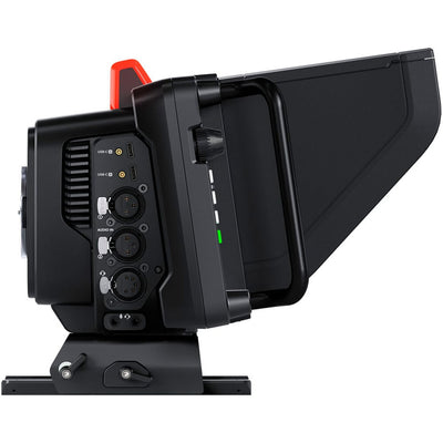 Blackmagic Design Studio Camera 4K Pro G2 (Body Only) with Micro Four Thirds lens mount, 4K UHD 3840x2160p60 sensor, 13 stops dynamic range, dual native ISO up to 25,600, professional 12G-SDI and 10G Ethernet connections, 7" HDR touchscreen, Blackmagic RAW recording, XLR and 3.5mm audio inputs, and built-in talkback.