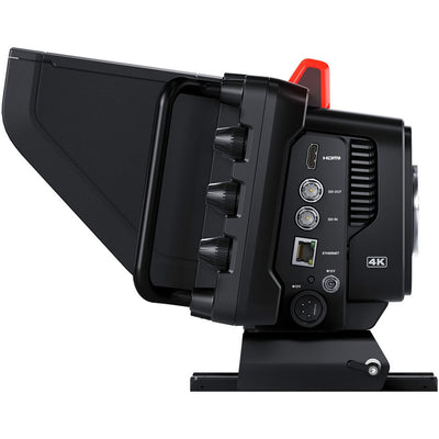 Blackmagic Design Studio Camera 4K Pro G2 (Body Only) with Micro Four Thirds lens mount, 4K UHD 3840x2160p60 sensor, 13 stops dynamic range, dual native ISO up to 25,600, professional 12G-SDI and 10G Ethernet connections, 7" HDR touchscreen, Blackmagic RAW recording, XLR and 3.5mm audio inputs, and built-in talkback.