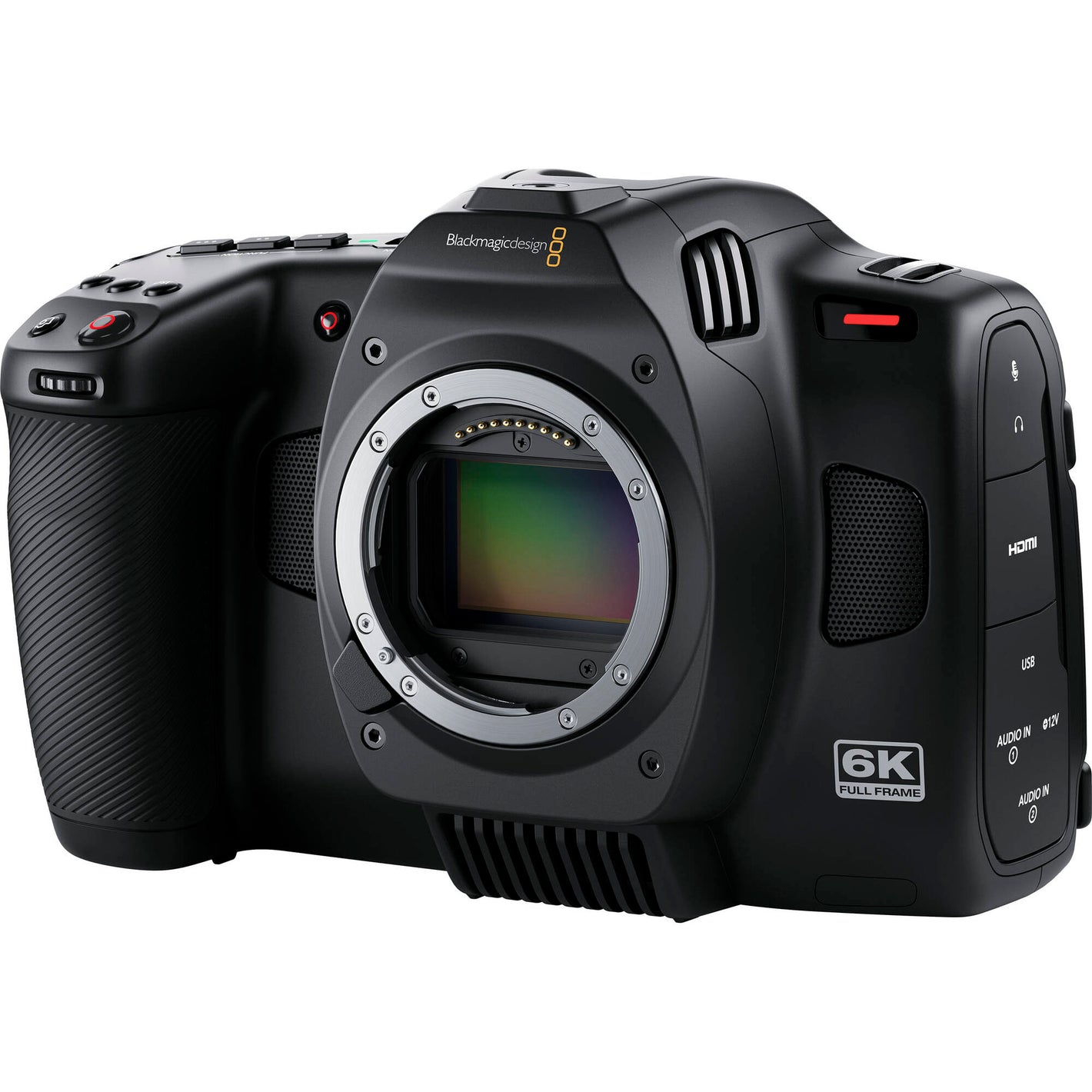Blackmagic Design Cinema Camera 6K featuring a 6048 x 4032 full-frame HDR sensor with 13 stops dynamic range, dual native ISO up to 25,600, Leica L-mount, 5-inch tilting HDR touchscreen, CFexpress and USB-C recording, and 12-bit Blackmagic RAW capture at up to 36 fps in 6K resolution.