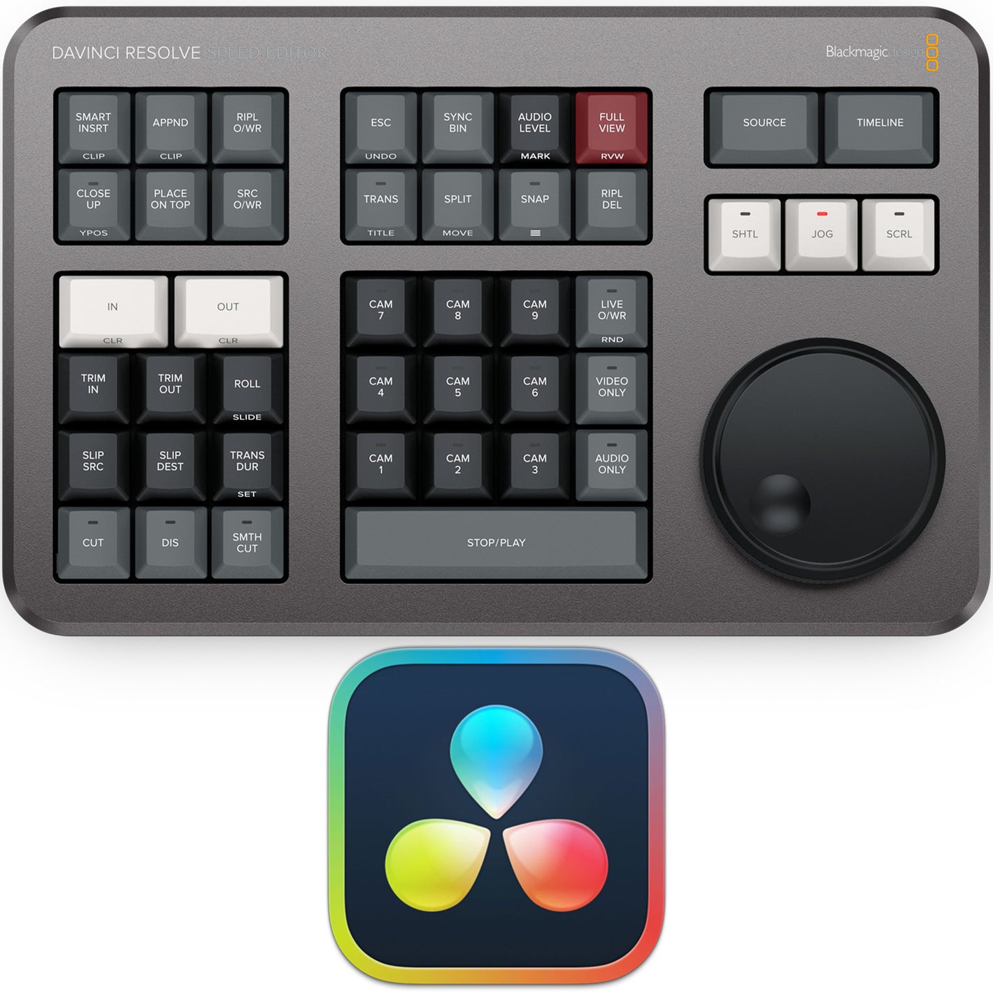 The DaVinci Resolve Speed Editor makes editing faster and easier with a tactile dial, source tape, live trimming, with wireless or USB connection.
