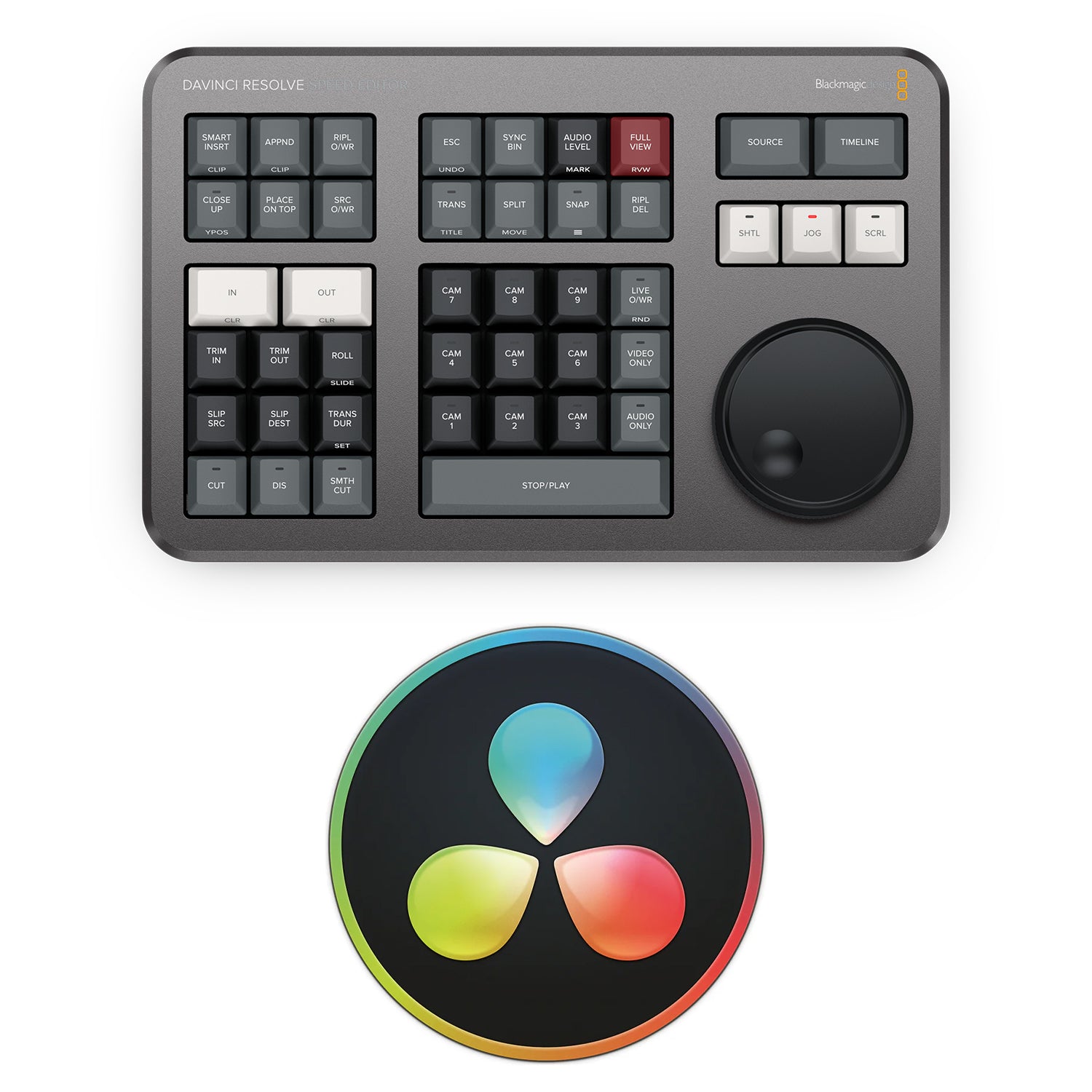 The DaVinci Resolve Speed Editor makes editing faster and easier with a tactile dial, source tape, live trimming, with wireless or USB connection.